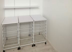 A linen closet with wire baskets trolleys