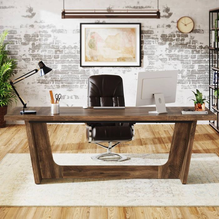 OAKORY 180cm Executive Office Desk with Solid Pedestal Base Rustic Brown Finish