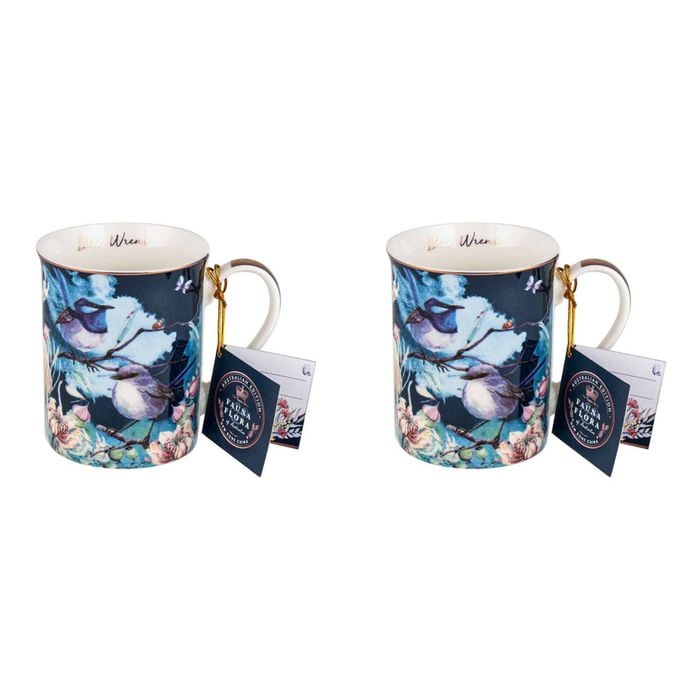 2x Australian Flora Blue Wren 360ml Coffee Mug New Bone China Drink Cup w/Handle