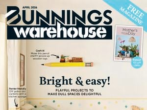 The April 2026 Bunnings Warehouse magazine cover featuring a light and colourful bedroom with polka-dot wall, white bed, yellow throw, and a small bedside table. Headline text reads “Bright & easy! Playful projects to make dull spaces delightful.” A small inset promotes Mother’s Day gift ideas.