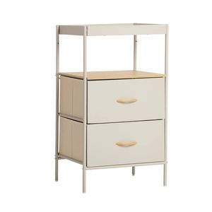Oikiture Fabric Bedside Table 2 Drawer Open Shelf Nightstand Beige