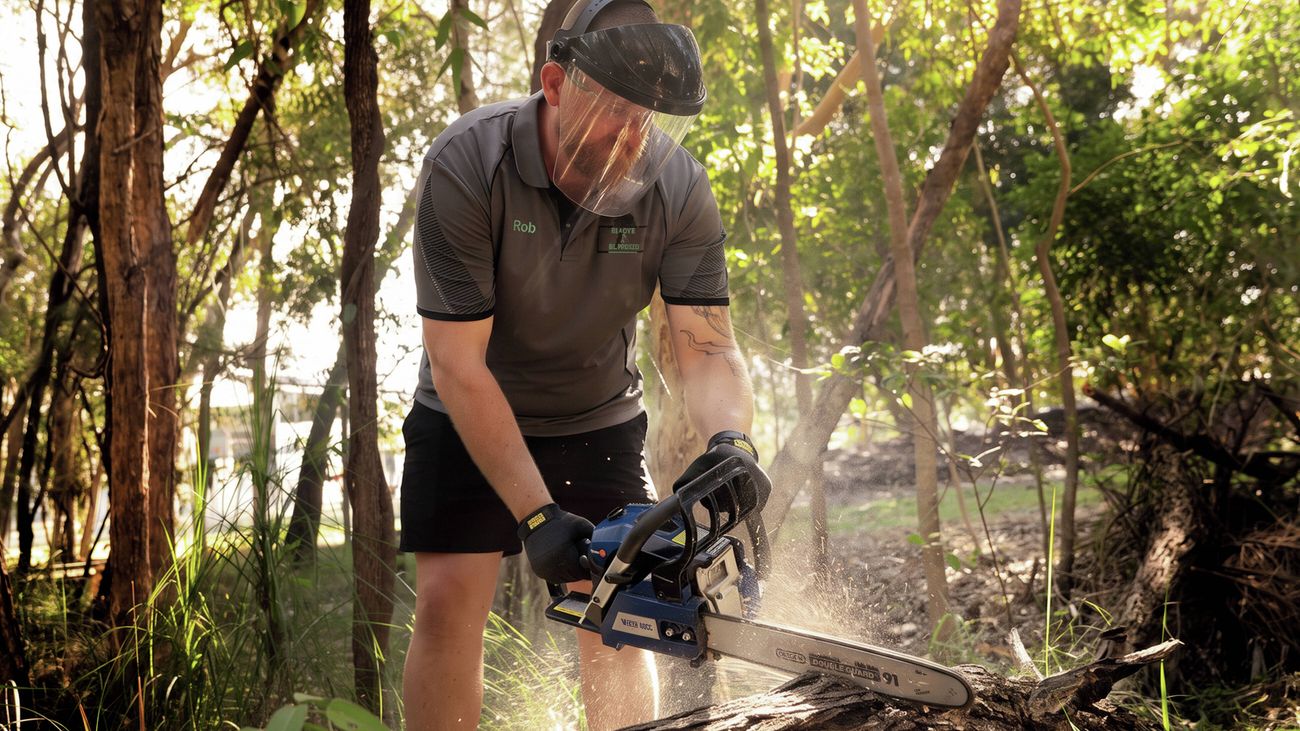 Person using a chainsaw to cut a log outdoors in a wooded area.