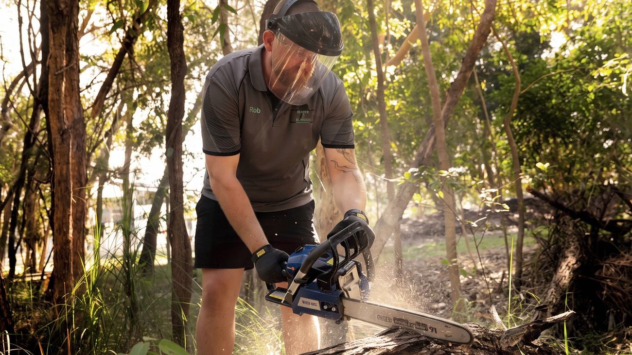 Person using a chainsaw to cut a log outdoors in a wooded area.