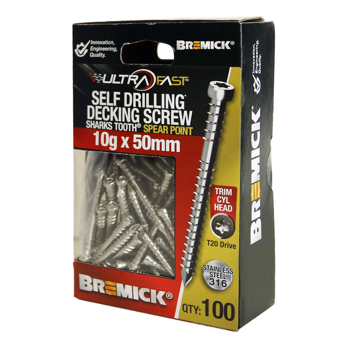 Bremick Ultrafast 10g x 50mm Stainless Steel 316 T20 Trim Head -100 Pack 