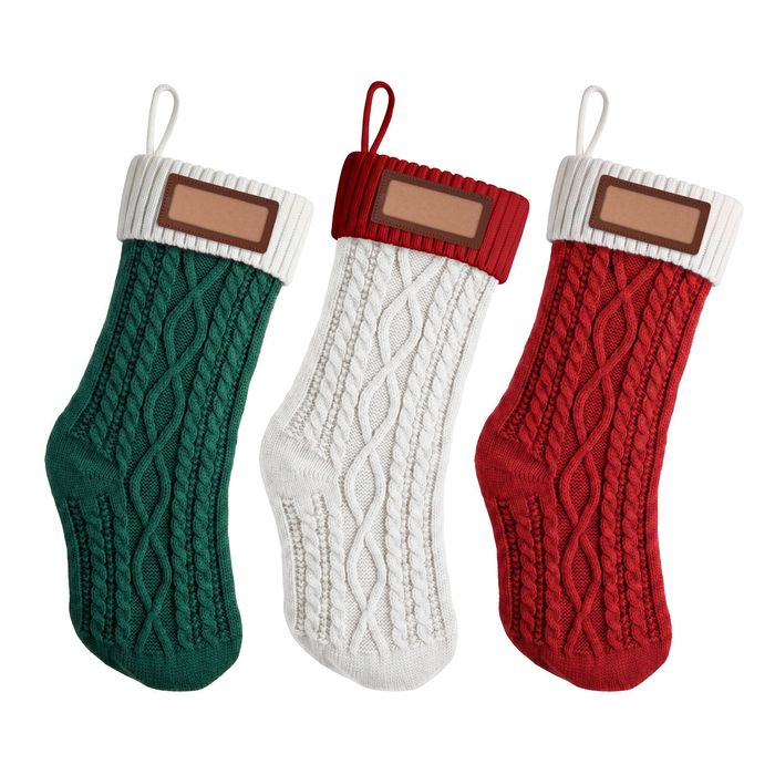 Jingle Jollys 3PCS Personalized Christmas Stockings Leather Patches 16 Inch Knitted Contrast Colour
