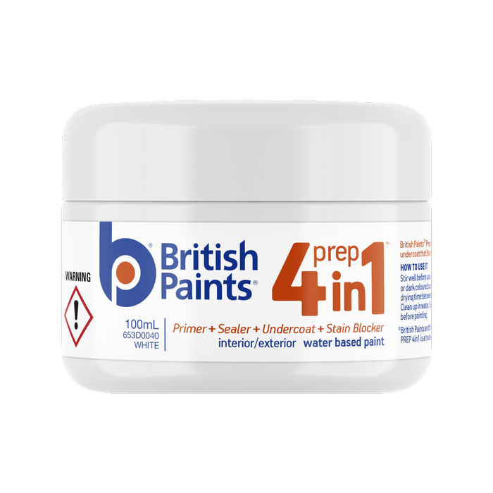 British Paints White 4 In 1 Prep Water Based Primer Sealer Undercoat - 100ml