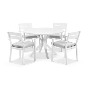 Houston Outdoor 1.2m Round Aluminium Dining Setting White With 4 Santorini Chairs & Olefin Grey Cushions