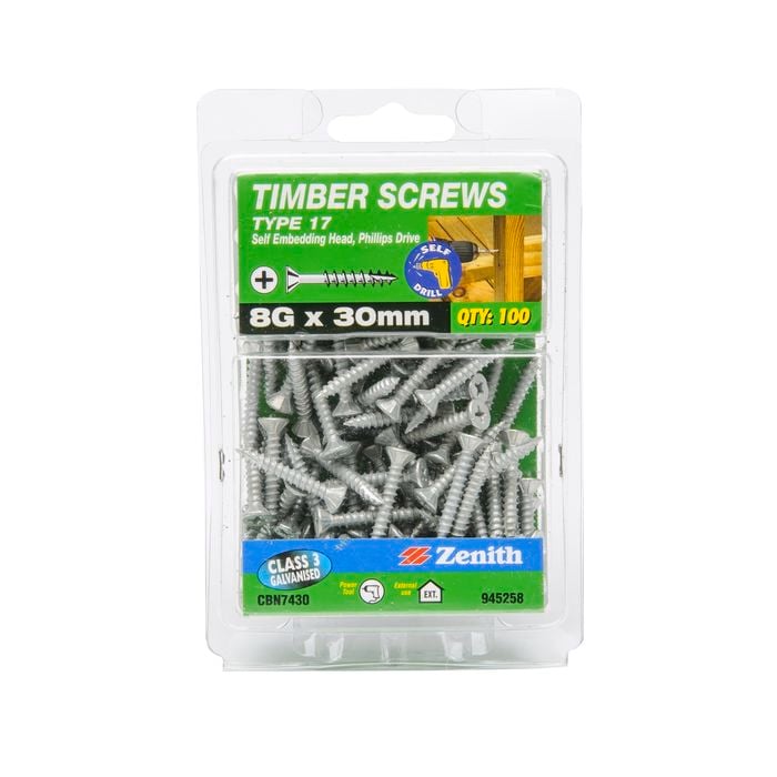 Zenith 8g x 30mm Galvanised Countersunk Ribbed Head Type 17 Timber Screws - 100 Pack