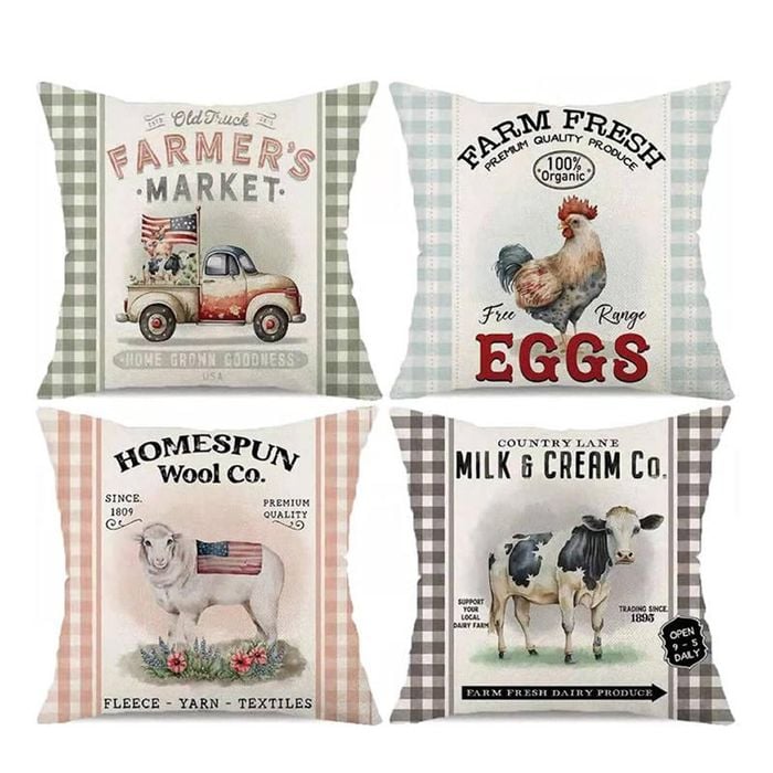 Catzon 4 Pcs Vintage Throw Pillow Covers Linen Farmhouse Home Decor-Set C
