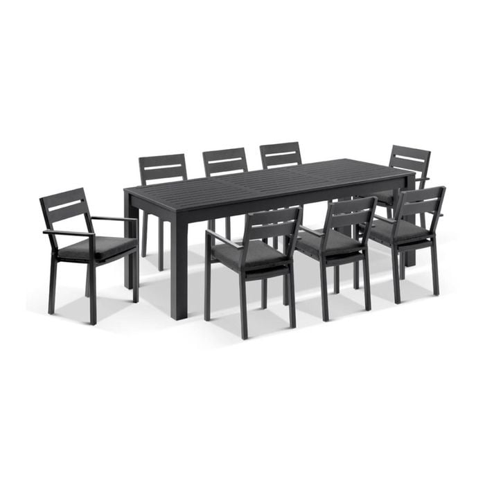 Santorini 8 Seater Outdoor Rectangle Aluminium Dining Table And Chairs Setting Charcoal