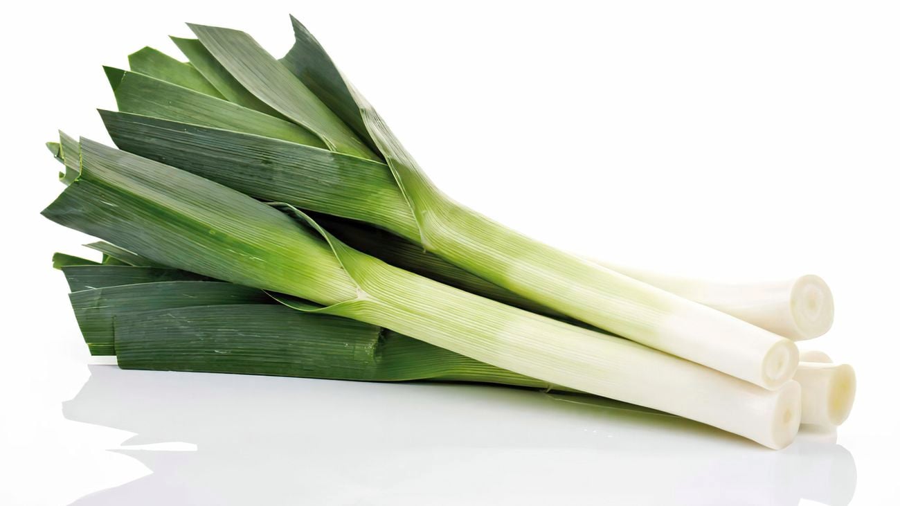A bunch of trimmed leeks on a white background.