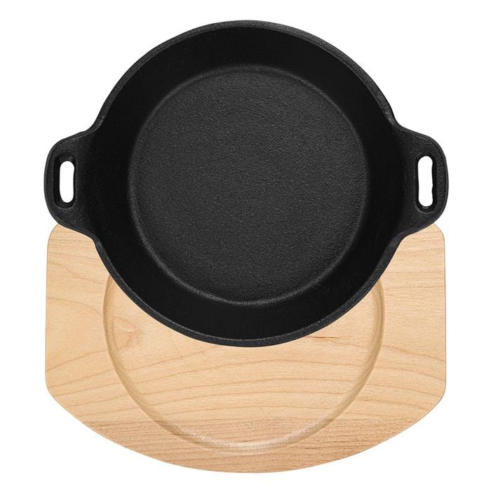 Fissman Cast Iron Pan w/ Handles on Wooden Sizzling Plate Tray 18 x 4.4cm