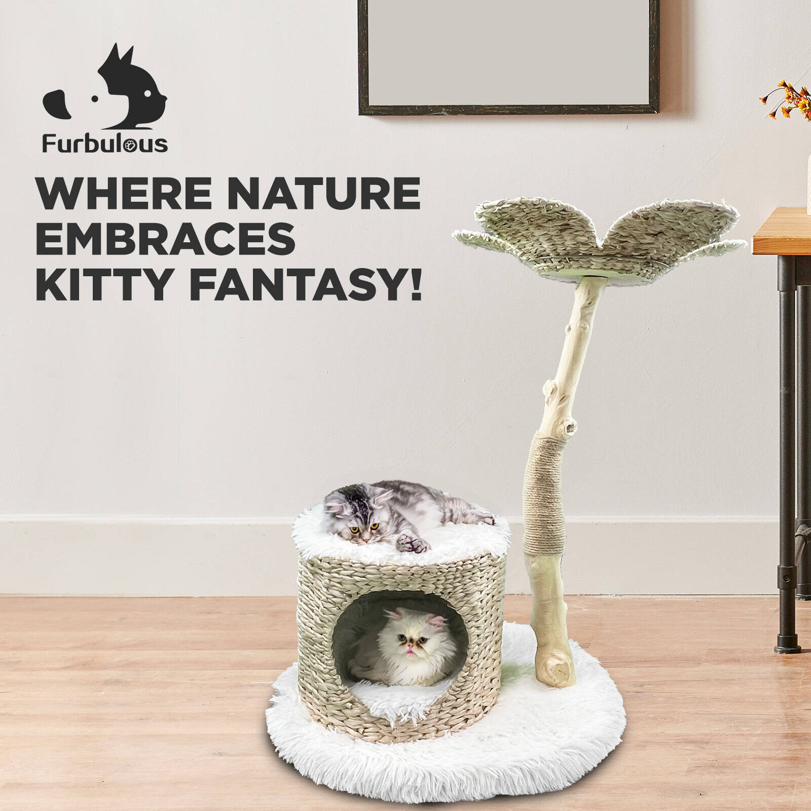 Furbulous Selected Real Wood Cat Tree Rattan tower with Condo House 81cm Bunnings Australia