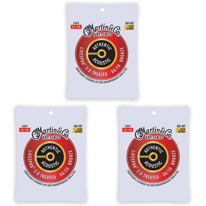 3PK Martin Guitar MA140T Authentic Acoustic Treated Strings 80/20 Bronze Light