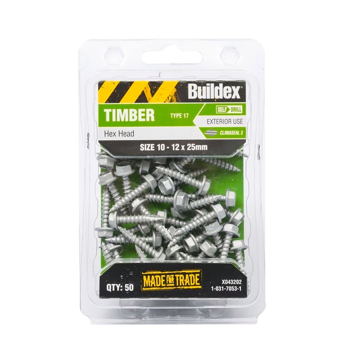 Buildex 10-12 x 25mm Climaseal Hex Head Timber Screws - 50 Pack