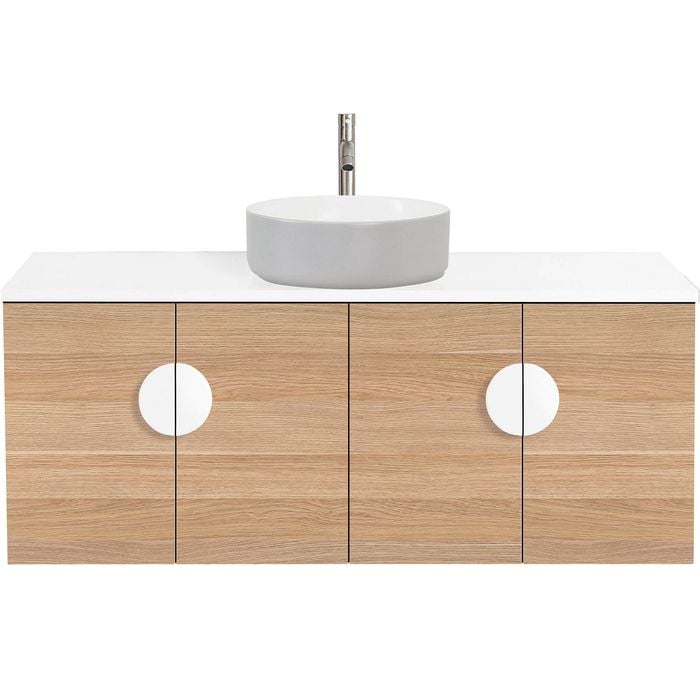 CIBO 1200mm Oak Mornington Wall Hung Vanity with Light Grey / White Basin and White Handles