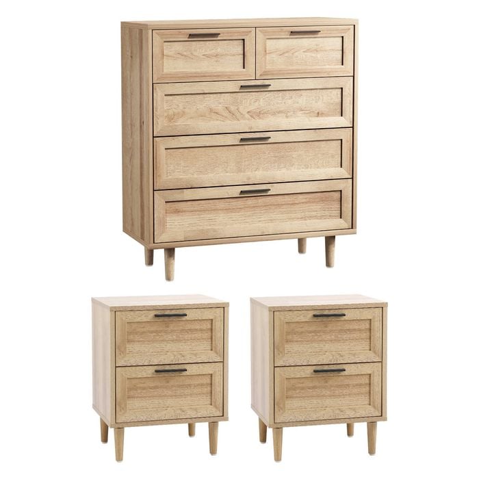 Oikiture 5 Chest of Drawers and 2 Bedside Tables Nightstand Bedroom Set Natural