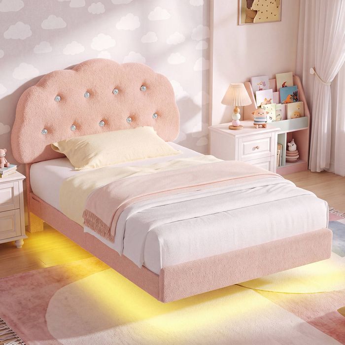 Advwin LED Floating Bed Frame with Adjustable Headboard and Storage Bags King Single Pink