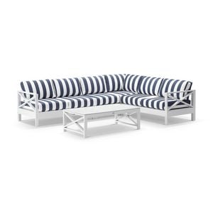Kansas Outdoor Aluminium Corner Modular Lounge Set White With Coffee Table & Navy Stripe Cushions