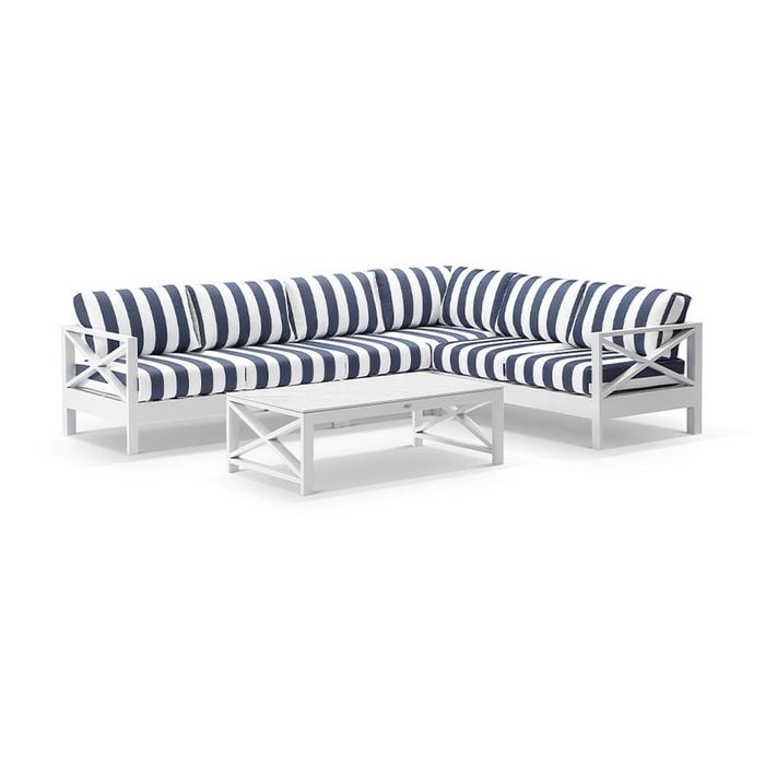 Kansas Outdoor Aluminium Corner Modular Lounge Set White With Coffee Table & Navy Stripe Cushions