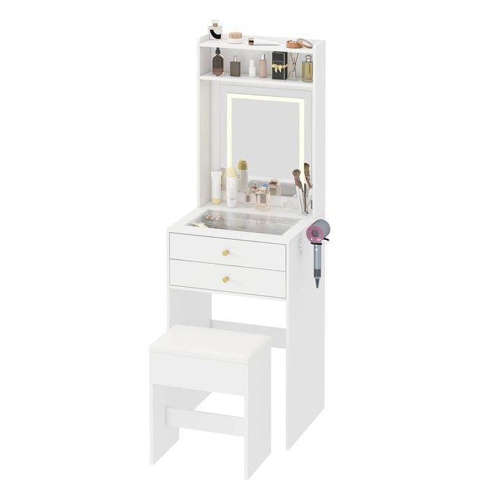 Advwin Dressing Table Set with Glass Desktop Makeup Desk Mirror LED Light Storage Drawers White