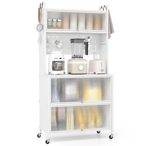 Costway 5-Tier Kitchen Bakers Rack Rolling Microwave Stand Storage Cabinet White