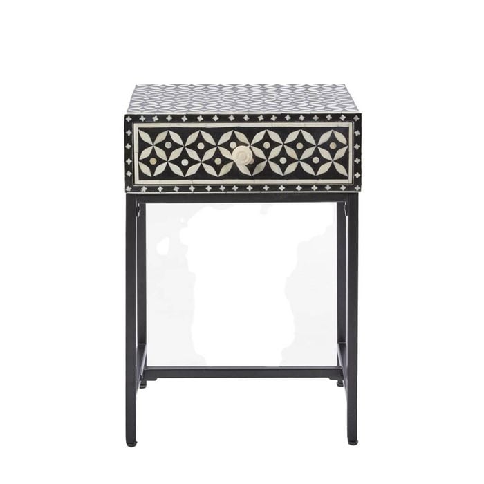 Belle Stella Bone Inlay Bedside Table w/ Drawer 45x65cm - Black