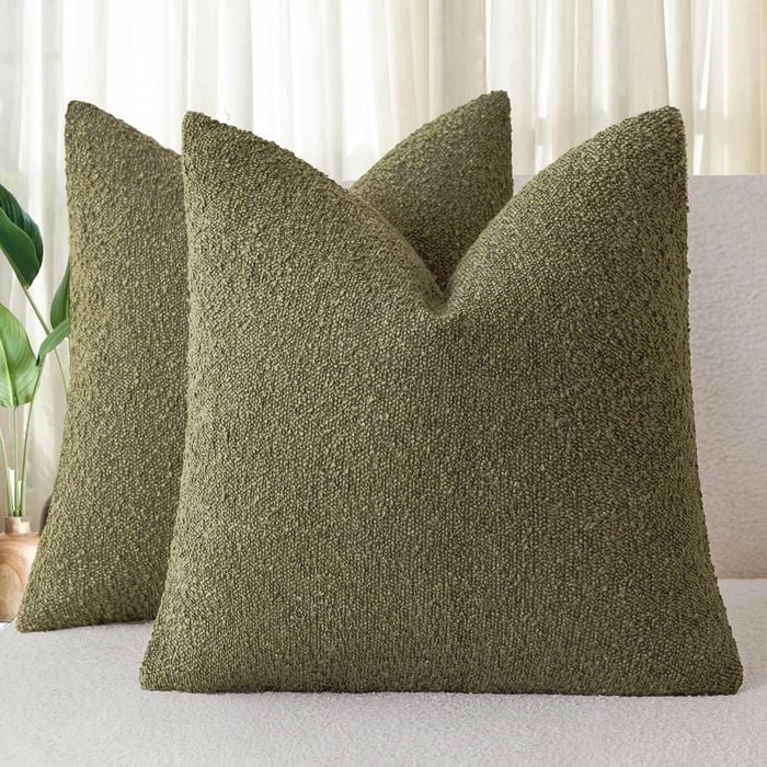 Gioia Casa Twin-Pack Bouclé Cushion Covers - Soft Textured Polyester with Hidden Zipper (Olive Green, 45cm x 45cm)