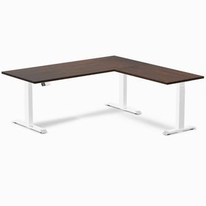 Desky Rubberwood L-Shape Sit Stand Desk White Frame 180x175cm - Dark Walnut