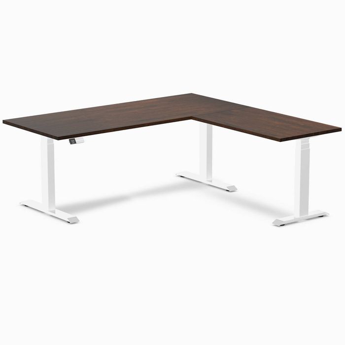 Desky Rubberwood L-Shape Sit Stand Desk White Frame 180x175cm - Dark Walnut