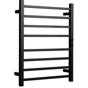Hotwire 80W 700 x 530mm Black 8 Bar Flat Square Heated Towel Rail with Timer