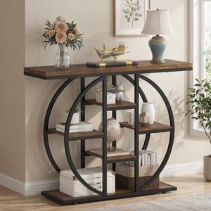 Ufurniture Console Table with Storage Shelves Industrial Narrow Sofa End Table Accent Table Sideboard Table Walnut