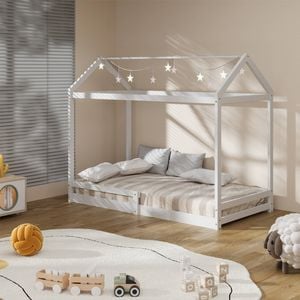 Oikiture Kids Wooden Bed Frame House Beds Single White