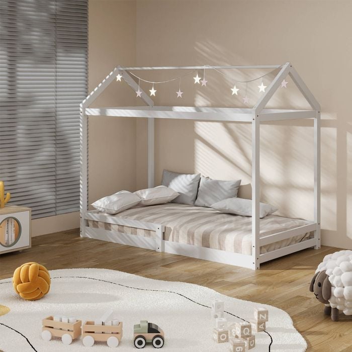 Oikiture Kids Wooden Bed Frame House Beds Single White