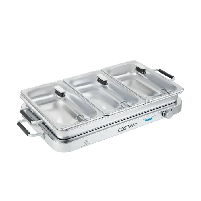 Costway 2-in-1 Stainless Buffet Serving Tray Electric Food Warmer Silver