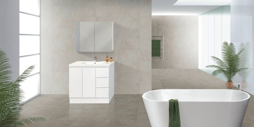 Forme branded basin in glazed white look in bathroom with bathtub
