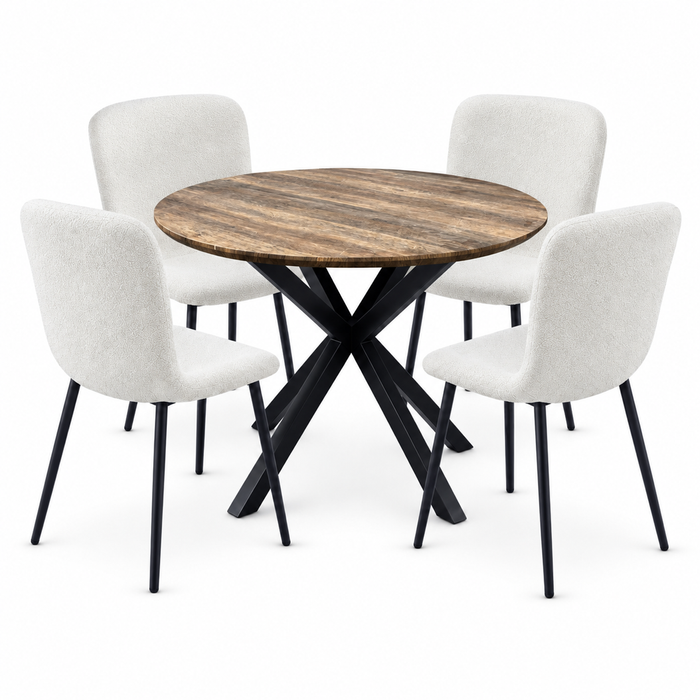 FORET 5 Piece Round Dining Table And 4 Boucle Chairs Set