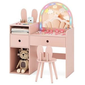 Costway Kid Vanity Set Lighted Mirror Princess Makeup Table & Chair Pink