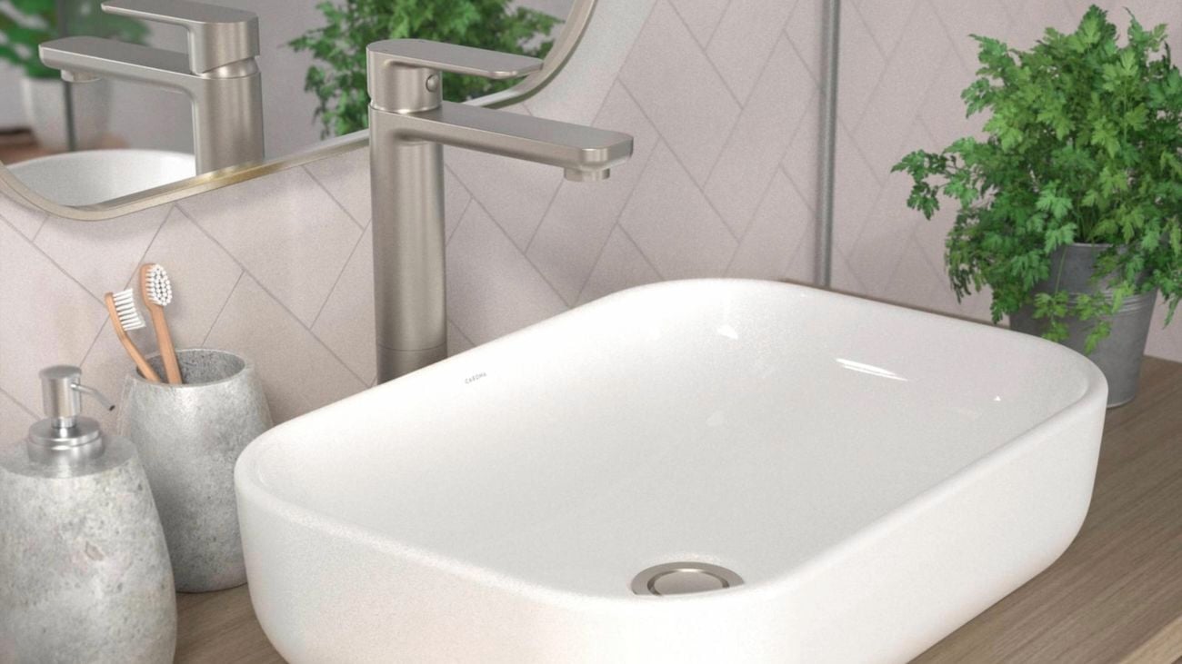 A Caroma Luna above-counter white basin with a brushed nickel mixer tap on a timber vanity with a leafy green plant in a small galvanised container