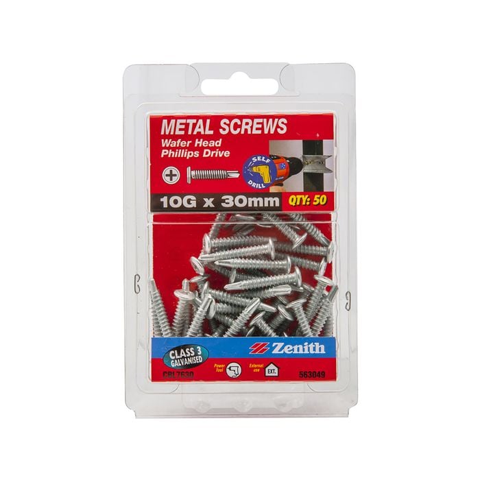 Zenith 10G x 30mm Galvanised Wafer Head Metal Screw - 50 Pack