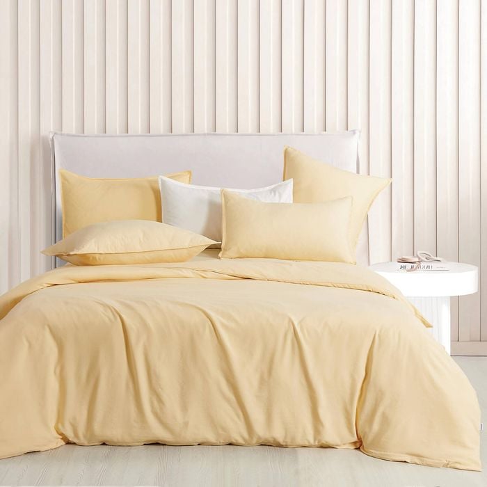 CleverPolly Vintage Washed Microfibre Quilt Cover Set - Butter - Single