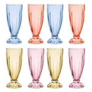 2x 4pc Porto Soda Lime Glass Milkshake Cups 340ml Citron, Ruby, Sky, Rose
