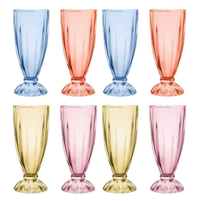 2x 4pc Porto Soda Lime Glass Milkshake Cups 340ml Citron, Ruby, Sky, Rose