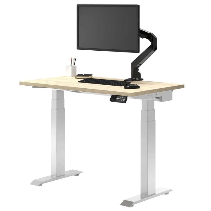 Desky Dual Mini Sit To Stand Jarrah Legno Desk 1000x600mm White Frame