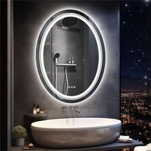 OAKORY 60x80cm Oval LED Smart Bathroom Mirror Front and Backlit Anti-Fog Dimmable