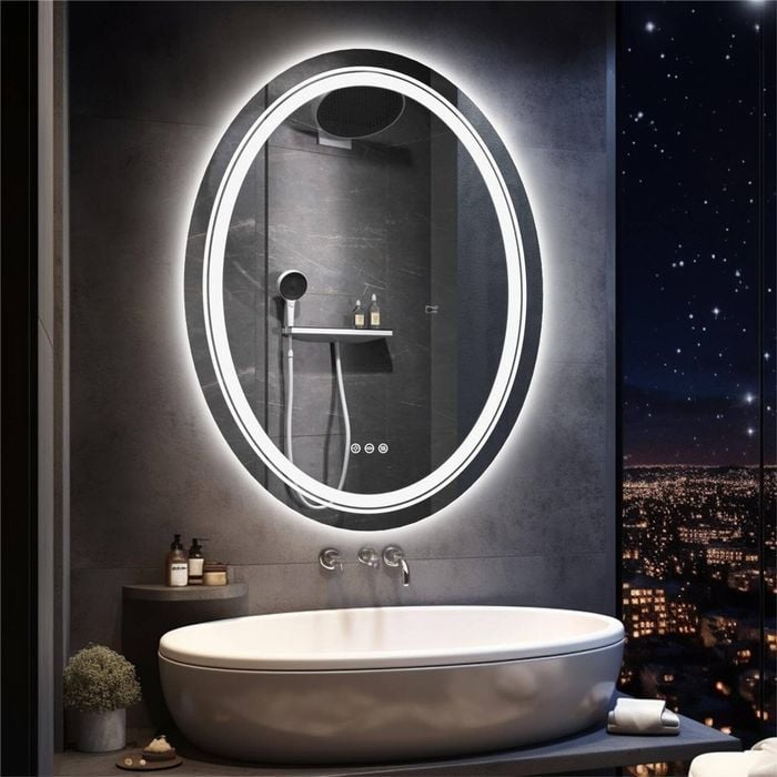 OAKORY 60x80cm Oval LED Smart Bathroom Mirror Front and Backlit Anti-Fog Dimmable