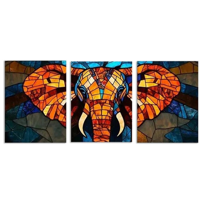 3pcs Vibrant Elephant Stained Glass Style Print 100% Australian Made 3 x 40x60cm (Metal Print)