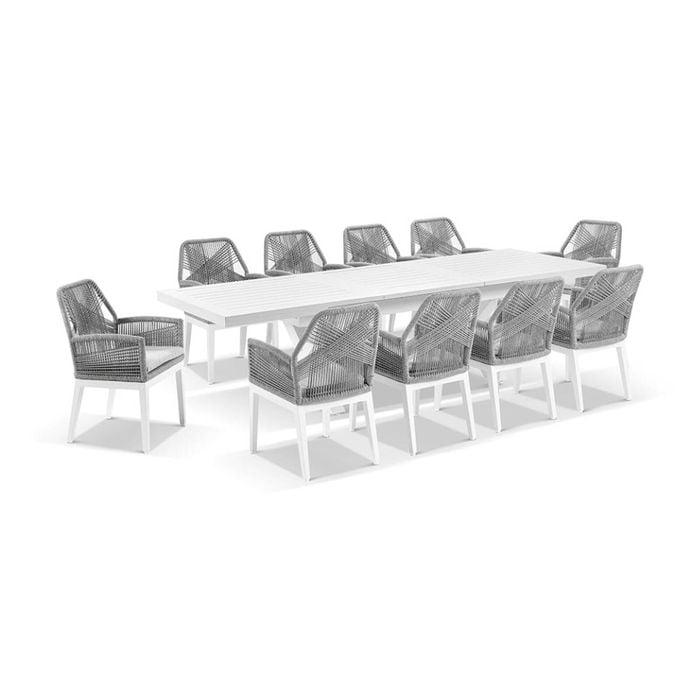 Austin Outdoor 2.2m - 3m Extension Aluminium Table White With 10 Hugo Chairs & Grey Rope/Olefin Cushions