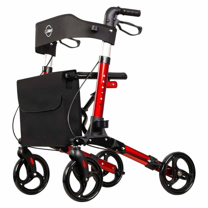 Euro Walker 4-wheeled Rollator - Lightweight, Adjustable Aluminium Walker With Padded Seat - Red