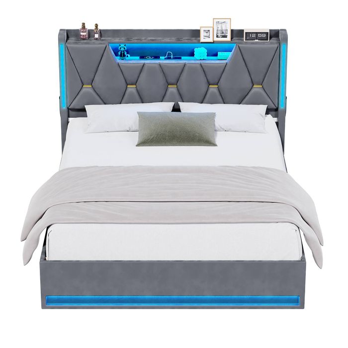 Advwin Queen LED Velvet Bed Frame with Charging Station and Hidden Storage Grey